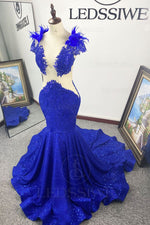 Mermaid/Trumpet Feathers Sequins Royal Blue Cap Sleeves V-neck Brush Train Prom Dresses LSWPD55878