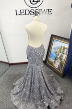 Sequins Halter Mermaid Appliques Sleeveless Silver Backless Brush Train Prom Dresses LSWPD55879
