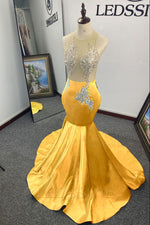 Brush Train Lavender Satin Appliques Mermaid Sheer Neck Sleeveless Prom Dresses LSWPD677136