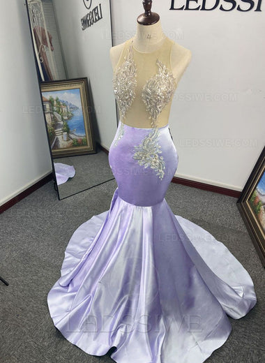 Brush Train Lavender Satin Appliques Mermaid Sheer Neck Sleeveless Prom Dresses LSWPD677136