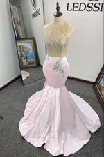 Pale Pink Brush Train Satin Appliques Sleeveless Crew Neck Mermaid/Trumpet Prom Dresses LSWPD677143