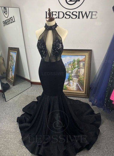 Black Mermaid Halter Appliques Satin Backless Sleeveless Brush Train Prom Dresses LSWPD55881