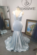 Mermaid V-neck Satin Blue Beading Sleeveless Brush Train Evening Dress/Prom Dresses LSWPD55883