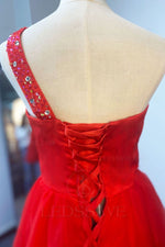 Red Ball Gown Sleeveless One Shoulder Tulle Beading Short/Mini Homecoming Dresses  LSWHC55884
