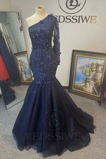 Long Sleeves Royal Blue Mermaid Tulle Beading One Shoulder Brush Train Prom Dresses LSWPD55885