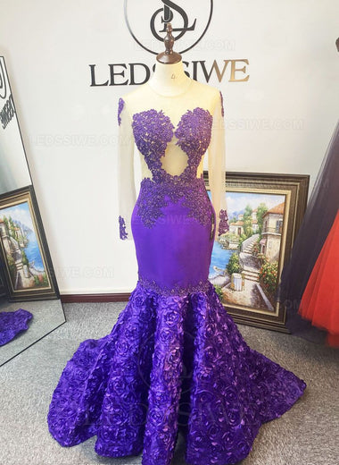 Satin Column Sheer Neck Long Sleeves Appliques Purple Brush Train Prom Dresses LSWPD55886