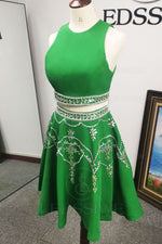 Green A-Line Satin Beading Sleeveless Crew Neck Short Two Pieces Homecoming Dresses LSWHC55889