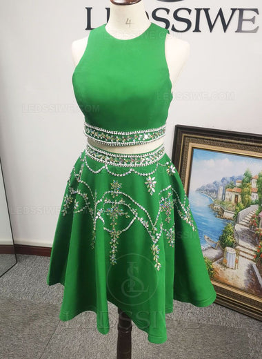 Green A-Line Satin Beading Sleeveless Crew Neck Short Two Pieces Homecoming Dresses LSWHC55889