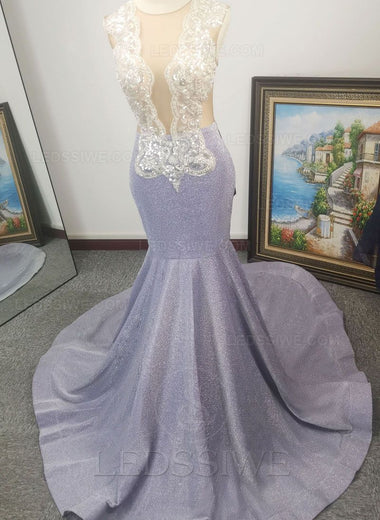 Appliques Mermaid Sequins Lavender Sleeveless Sheer Neck Brush Train Evening Dress/Prom Dresses LSWPD55893