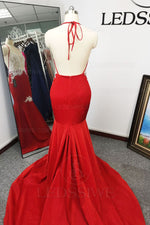 Spaghetti Straps Mermaid/Trumpet Sequins Red Appliques Sleeveless Brush Train Prom Dresses LSWPD558694
