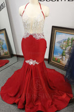 Spaghetti Straps Mermaid/Trumpet Sequins Red Appliques Sleeveless Brush Train Prom Dresses LSWPD558694