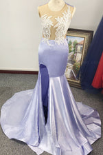 Crew Neck Column Satin Appliuqes Sleeveless Lavender Brush Train Evening Dress/Prom Dresses LSWPD55897