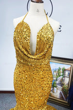 Gold Mermaid/Trumpet Halter Sequins Sleeveless Brush Train Evening Dress/Prom Dresses LSWPD55898