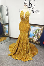 Gold Mermaid/Trumpet Halter Sequins Sleeveless Brush Train Evening Dress/Prom Dresses LSWPD55898