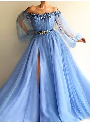 Off the Shoulder A-line Tulle Appliques Long Sleeves Sweep Train Prom Dresses LSW113411