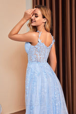 A-Line/Princess Lace Ruffles V-neck Applique Off?the Shoulder Sweep/Brush Train Prom Dresses