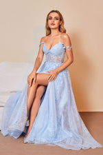 A-Line/Princess Lace Ruffles V-neck Applique Off?the Shoulder Sweep/Brush Train Prom Dresses