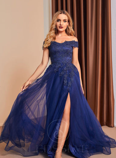 Off the Shoulder A-Line/Princess Tulle Applique Sweep/Brush Train Prom Dresses