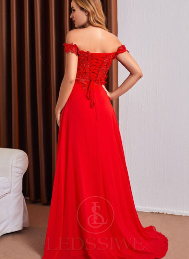 Off the Shoulder A-line Chiffon Applique Sweetheart Sweep/Brush Train Prom Dresses