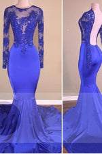 Royal Blue Scoop Neck Long Sleeves Sweep/Brush Train Column Appliques Prom Dresses LSW5741