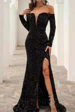 Off the Shoulder Black Sequins Long Sleeves Sweep/Brush Train Prom Dresses LSW5742