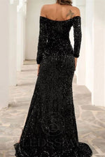 Off the Shoulder Black Sequins Long Sleeves Sweep/Brush Train Prom Dresses LSW5742