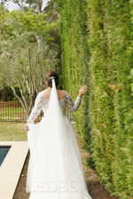 2023 A-Line/Princess Applique Tulle Long Sleeves Sheer Neck Sweep/Brush Train Wedding Dresses