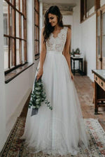 2023 Backless A-Line/Princess Appliques V-neck Tulle Sleeveless Floor-Length Wedding Dresses