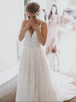 2023 Lace A-Line/Princess V-neck Beading Sleeveless Sweep/Brush Train Wedding Dresses