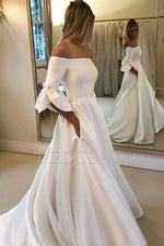 2023 Off the Shoulder Ball Gown Satin Short Sleeves Sweep/Brush Train Wedding Dresses