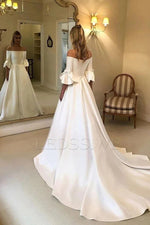 2023 Off the Shoulder Ball Gown Satin Short Sleeves Sweep/Brush Train Wedding Dresses