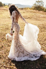 2023 Lace Long Sleeves V-neck Sheath/Column Sweep/Brush Train Wedding Dresses