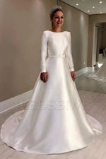 2023 Ball Gown Bateau Neck Satin Long Sleeves Belt Sweep/Brush Train Wedding Dresses