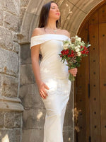 2023 Floor-Length Simple Sheath/Column Off the Shoulder Satin Sleeveless Wedding Dresses LSWD309244