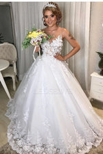 2023 Ball Gown Sheer Neck Lace Sleeveless Sweep/Brush Train Wedding Dresses LSWD309266