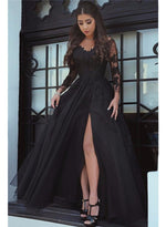 A-line Long Sleeves Tulle Appliques Sweetheart Floor-Length Prom Dresses LSW113402