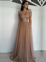 Off the Shoulder Champagne Tulle A-line Long Prom Dresses