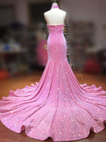 Appliques Halter Column Sequins Pink Sleeveless Sweep/Brush Train Prom Dresses LSW826083