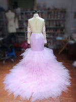 Appliques Long Sleeves Column High Neck Tulle Pink Sweep/Brush Train Prom Dresses LSW125316
