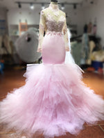 Appliques Long Sleeves Column High Neck Tulle Pink Sweep/Brush Train Prom Dresses LSW125316