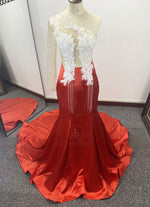Red Satin One Shoulder Mermaid Long Sleeves Sweep/Brush Train Prom Dresses LSW765001