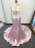 Pink One Shoulder Mermaid Long Sleeves Sweep/Brush Train Satin Prom Dresses LSW765002