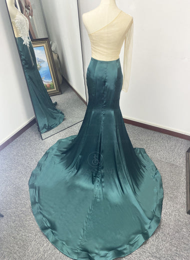 Dark Green One Shoulder Mermaid Long Sleeves Sweep/Brush Train Satin Prom Dresses LSW765004