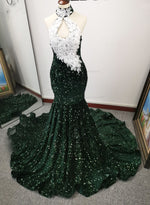 Dark Green Suquins Halter Mermaid Sleeveless Sweep/Brush Train Prom Dresses LSW765005