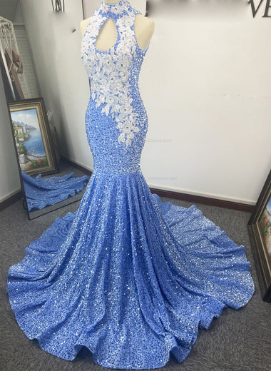 Blue Suquins Halter Mermaid Sleeveless Sweep/Brush Train Prom Dresses LSW765006