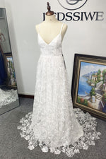 Lace A-Line V-neck Sleeveless Ivory Brush Train Formal Dress/Prom Dresses LSWPD677151