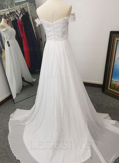 A-Line White Off the Shoulder Chiffon Embroidery Brush Train Formal Dresses/Prom Dresses LSWPD677154