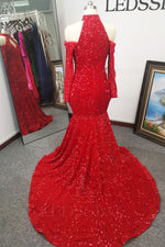 Mermaid High Neck Sequins Long Sleeves Red Sweep/Brush Train Prom Dresses LSWPD677155