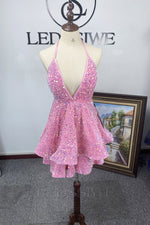 Ball Gown Layers Sequins V-neck Pink Backless Short Party Dress/Homecomig Dresses LSWHC677183