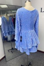 Ball Gown V-neck Sequins Long Sleeves Blue Short/Mini Homecoming Dresses LSWHC135622